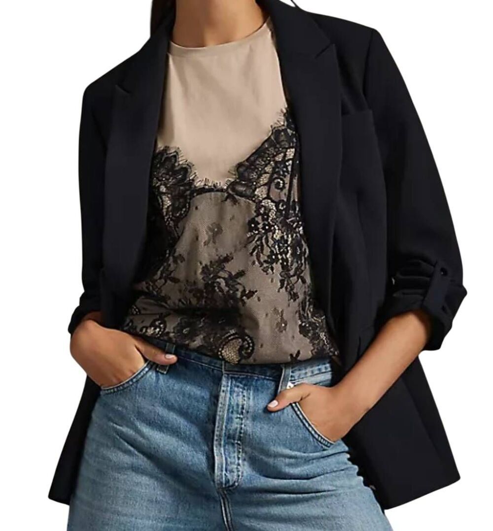 NWT Maeve Anthropologie Blazer Jacket Women's 6 Black Roll Sleeeve Business